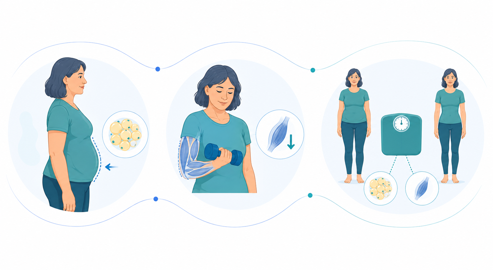 Ilustración sobre aumento de grasa abdominal y reducción de masa muscular durante la transición menopáusica