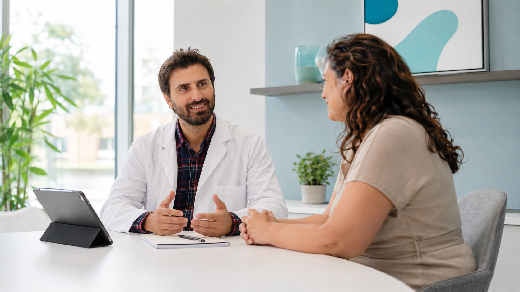 Paciente conversando con un endocrinólogo sobre el tratamiento médico de la obesidad